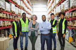 Workforce employees at warehouse with leadership