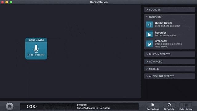 A screen recording showing the blocks needed to connect your an audio source to your radio station in Audio Hijack.