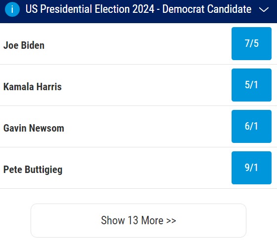 Next US Democrat Presidential Candidate odds and betting
