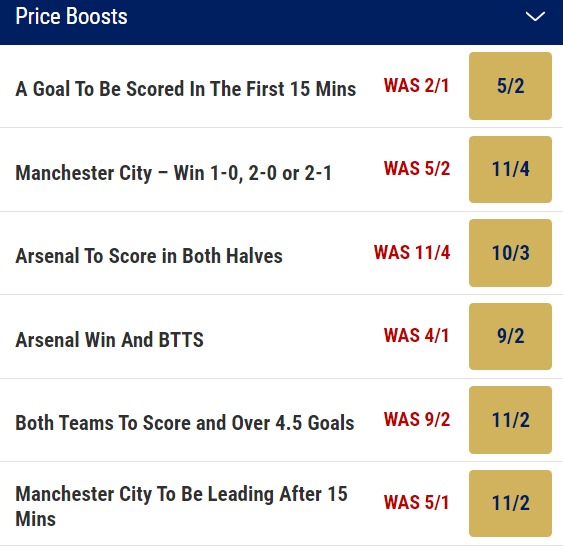 Arsenal v Man City Price Boosts