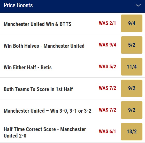 Man United v Real Betis Match Betting Price Boosts