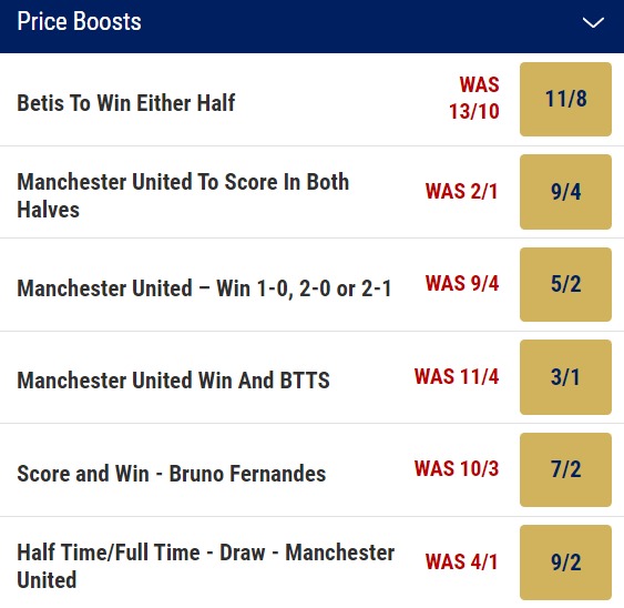 Real Betis v Man United Price Boosts Betting