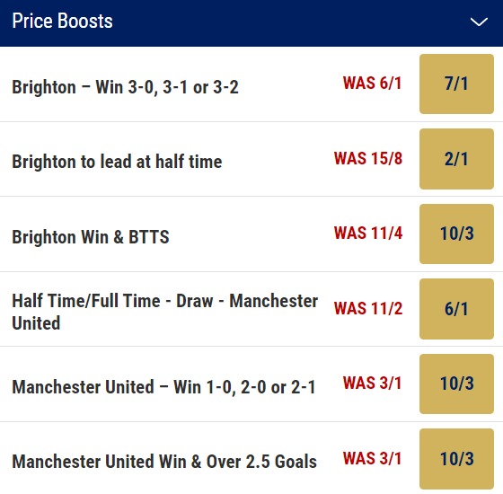 Brighton v Man United Price Boosts - Betting Odds