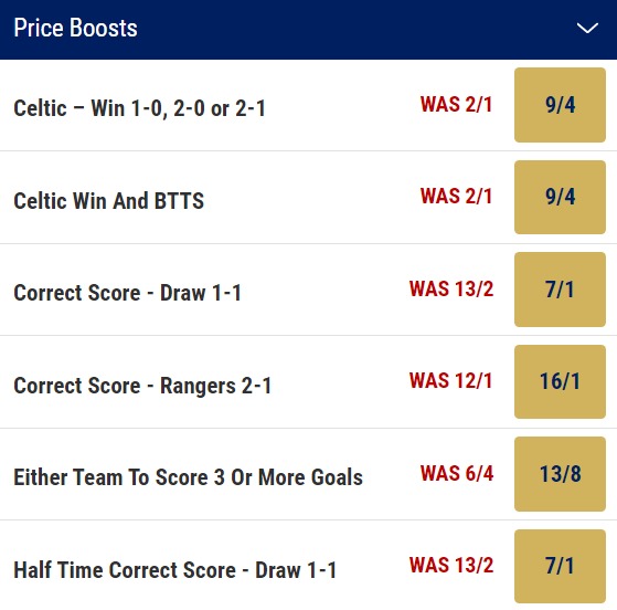 Celtic v Rangers Betting Price Boosts