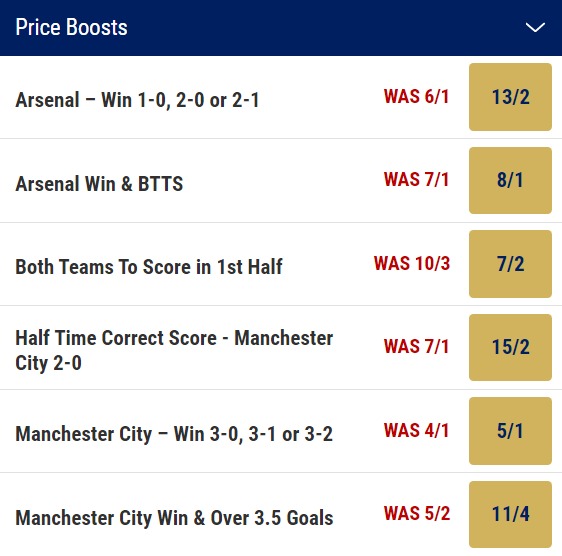 Man City v Arsenal betting price boosts