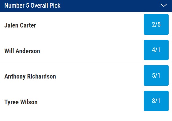 NFL Draft Number Five Overall Pick Odds