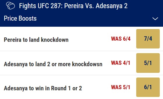 Pereira v Adesanya 2 odds and betting