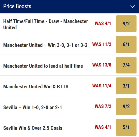 Sevilla v Man United Price Boost - Betting Odds