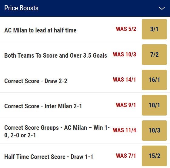 AC Milan v Inter Milan Odds Price Boosts