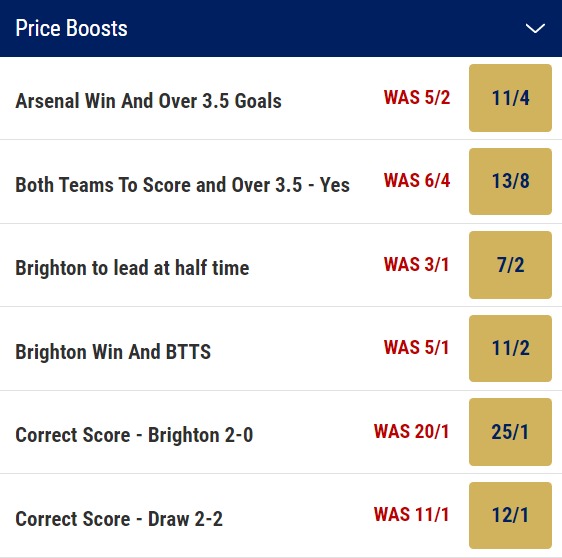 Arsenal v Brighton Odds Price Boosts - Premier League