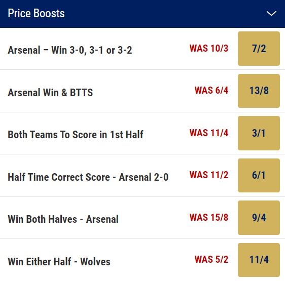 Arsenal v Wolves Odds - Premier League