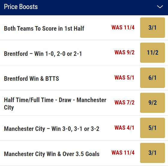 Brentford v Man City Odds - Premier League 2223