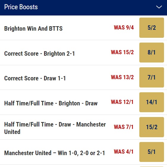 Brighton v Man United Odds - Price Boosts