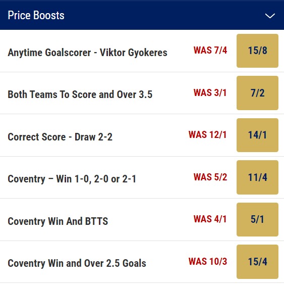 Coventry v Middlesbrough Odds Price Boosts