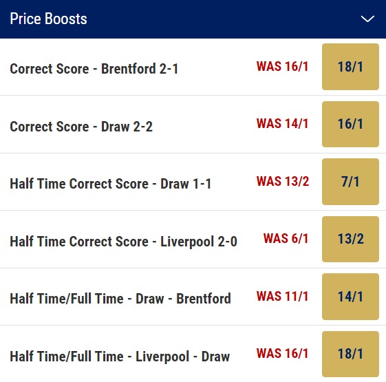 Liverpool v Brentford Odds Price Boosts