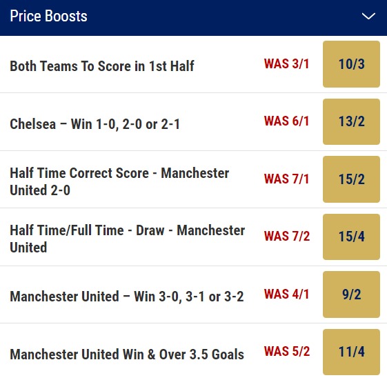 Man United v Chelsea Odds Price Boosts - Premier League 2223