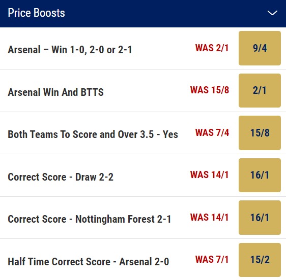 Nottingham Forest v Arsenal Odds Price Boosts - Premier League