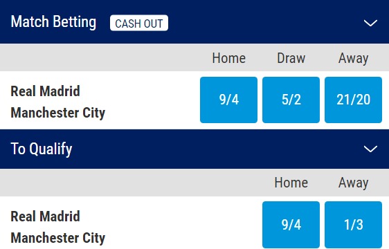 Real Madrid v Man City Odds - Champions League semi-final