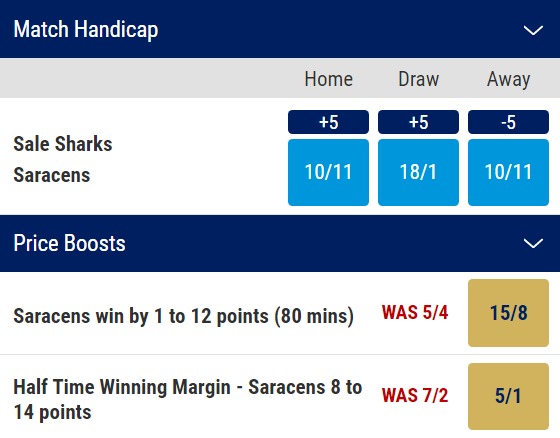 Sale Sharks v Saracens Odds Price Boosts