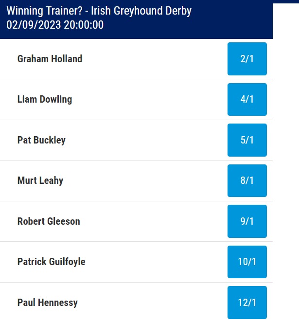BoyleSports Irish Greyhound Derby Winning Trainer Odds 2023