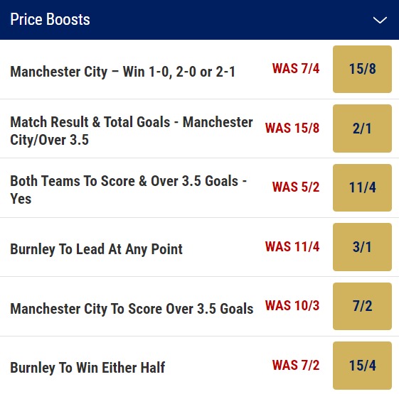 Burnley v Man City Odds Price Boosts