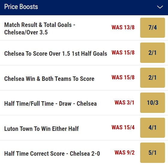 Chelsea v Luton Town Odds Price Boosts - Premier league 2023 24