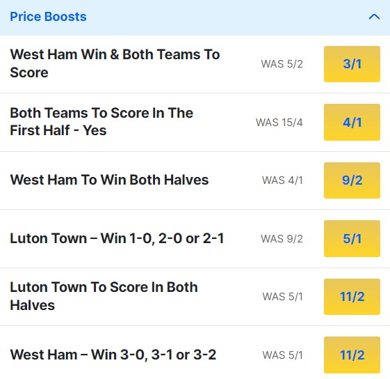 Luton Town v West Ham Odds Price Boosts - Premier League 2023 24