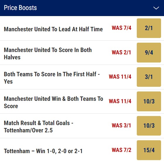 Tottenham v Man United Odds Price Boosts - Premier League 2023 24