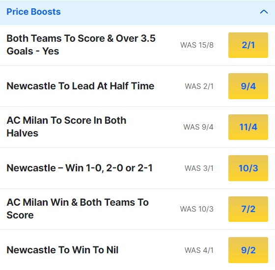 AC Milan v Newcastle Odds Price Boosts - Champions League 2023 24