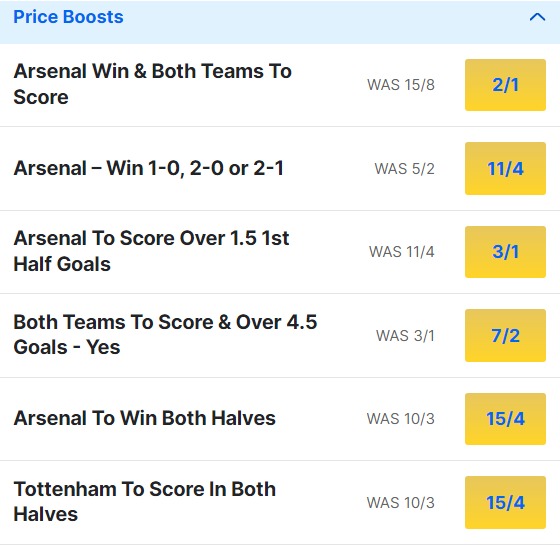 Arsenal v Tottenham Odds Price Boosts