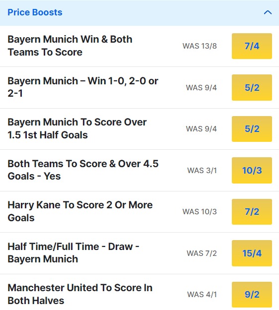 Bayern v Man United Odds Price Boosts - Champions League 2023 24