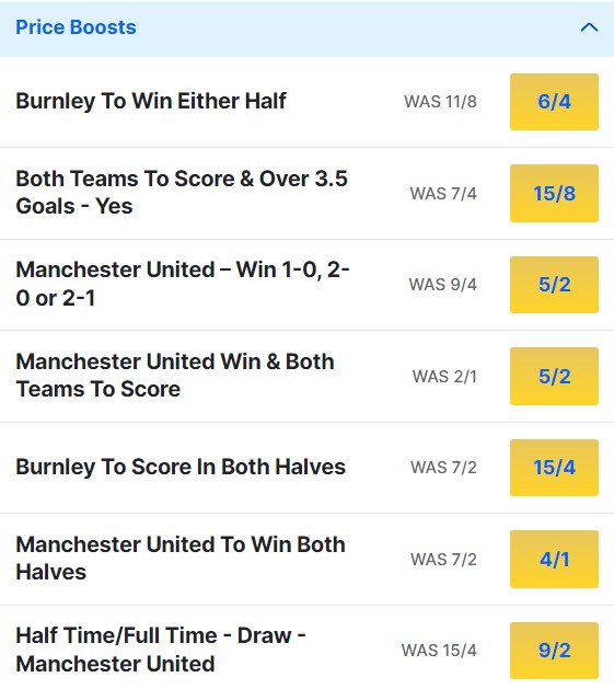 Burnley v Man United Odds Price Boosts - Premier League 2023 24