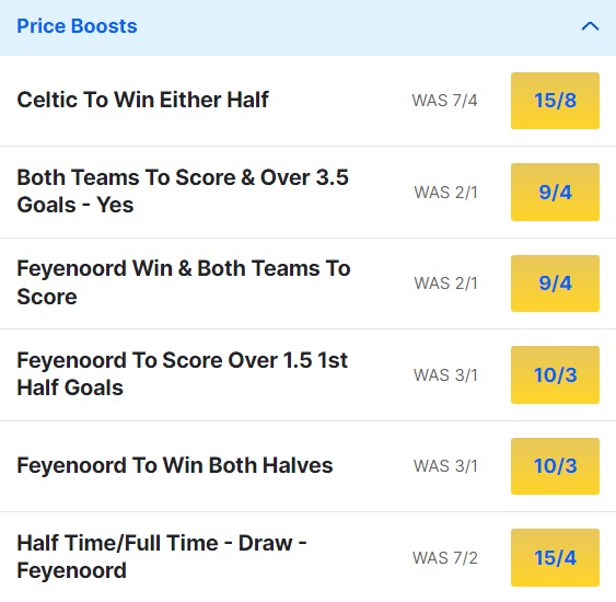 Feyenoord v Celtic Odds Price Boosts - Champions League 2023 24