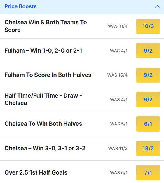 Fulham v Chelsea Odds Price Boosts - Premier League 2023 24