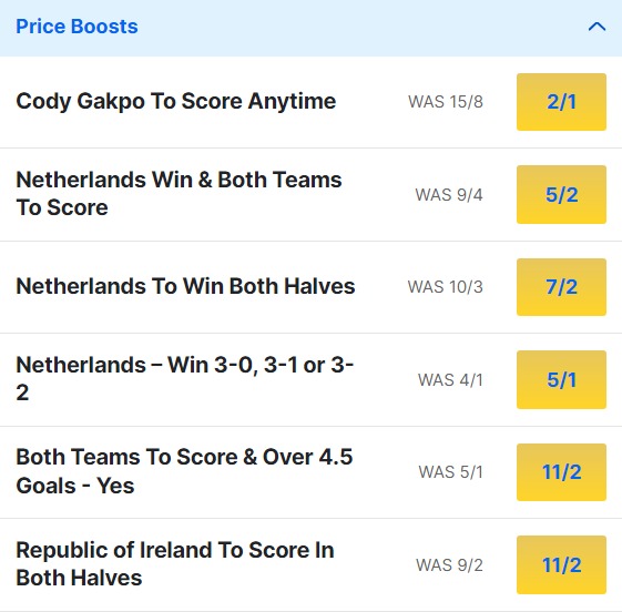 Ireland v The Netherlands Betting Odds Price Boosts - Euro 2024 Qualifier