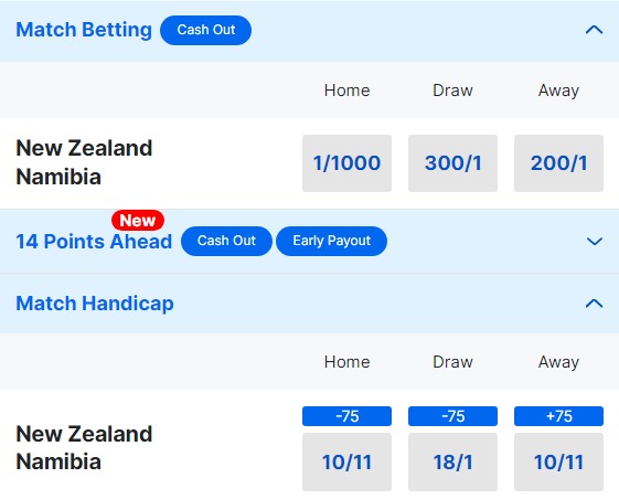 New Zealand v Namibia Betting Odds - 2023 Rugby World Cup