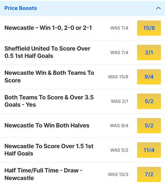 Sheffield United v Newcastle Odds Price Boosts - Premier League 2023 24