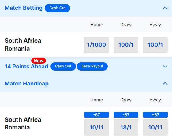 South Africa v Romania Betting Odds - 2023 Rugby World Cup