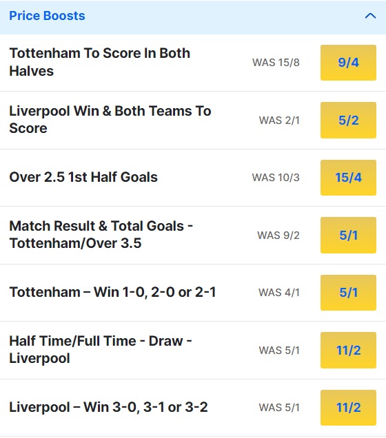 Tottenham v Liverpool Odds Price Boosts - Premier League 2023 24