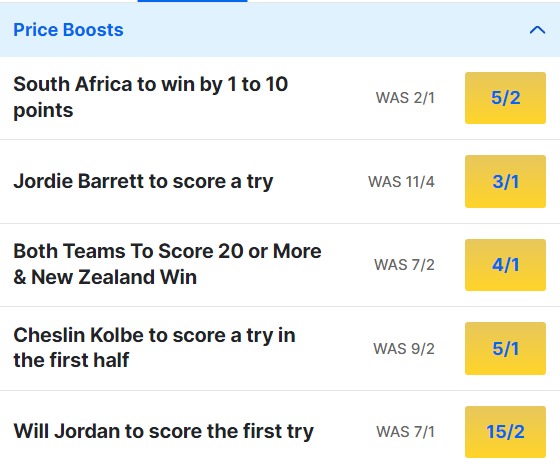 2023 Rugby World Cup Final Odds Price Boosts - New Zealand v South Africa