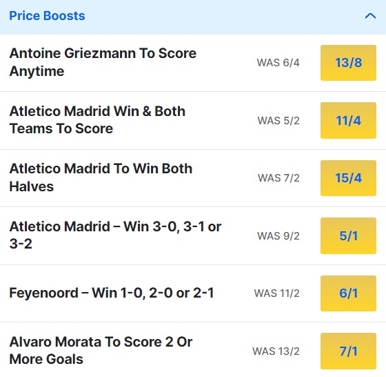 Atletico Madrid v Feyenoord Odds Price Boosts - 2023 24 Champions League