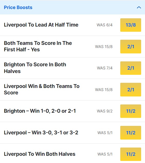 Brighton v Liverpool Odds Price Boosts - 2023 24 Premier League