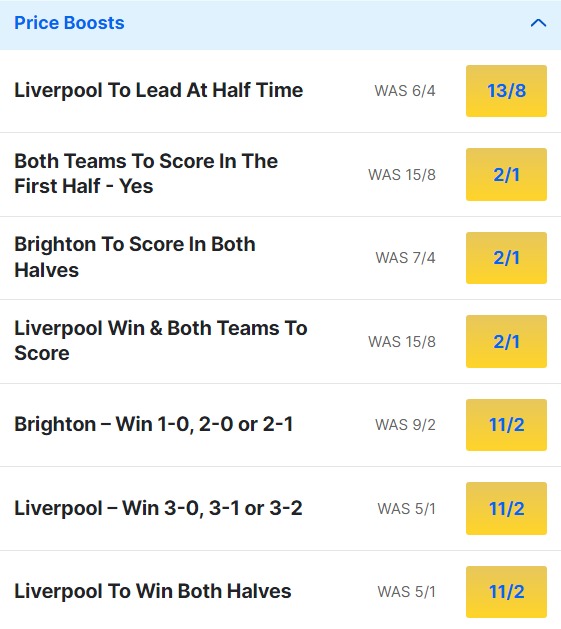 Brighton v Liverpool Odds Price Boosts - Premier League 2023 24