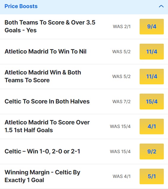 Celtic v Atletico Madrid Odds Price Boosts - Champions League