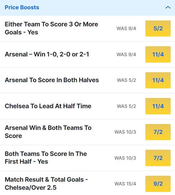 Chelsea v Arsenal Odds Price Boosts - Premier League 2023 24