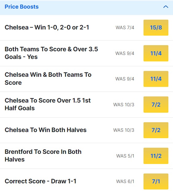 Chelsea v Brentford Odds Price Boosts - Premier League 2023 24