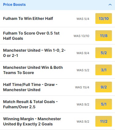 Fulham v Man United Odds Price Boosts - Premier League 2023 24