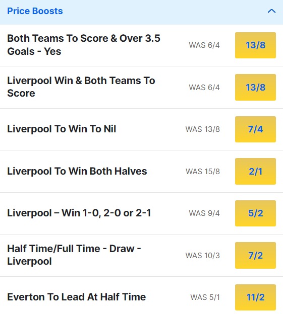 Liverpool v Everton Odds Price Boosts - Premier League 2023 24