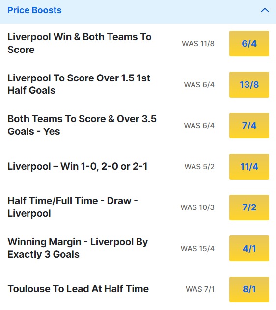 Liverpool v Toulouse Odds Price Boosts - Europa League 2023 24