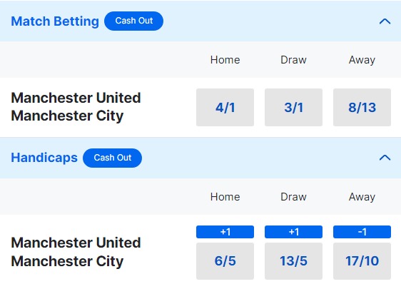 Man United v Man City Betting Odds - Premier League 2023 24